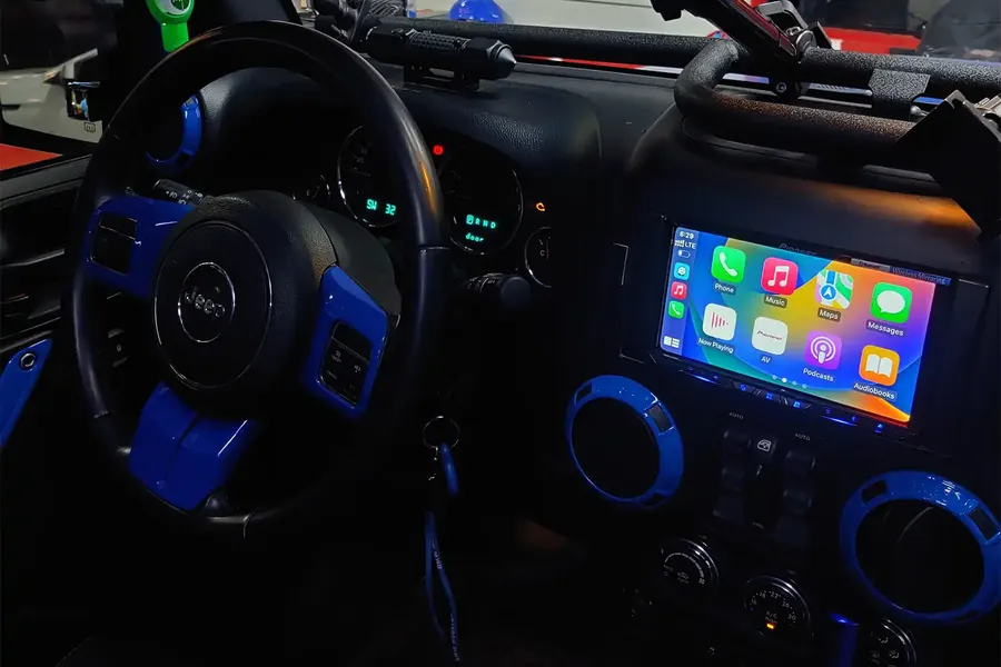 Blue accent lighting around the dashboard